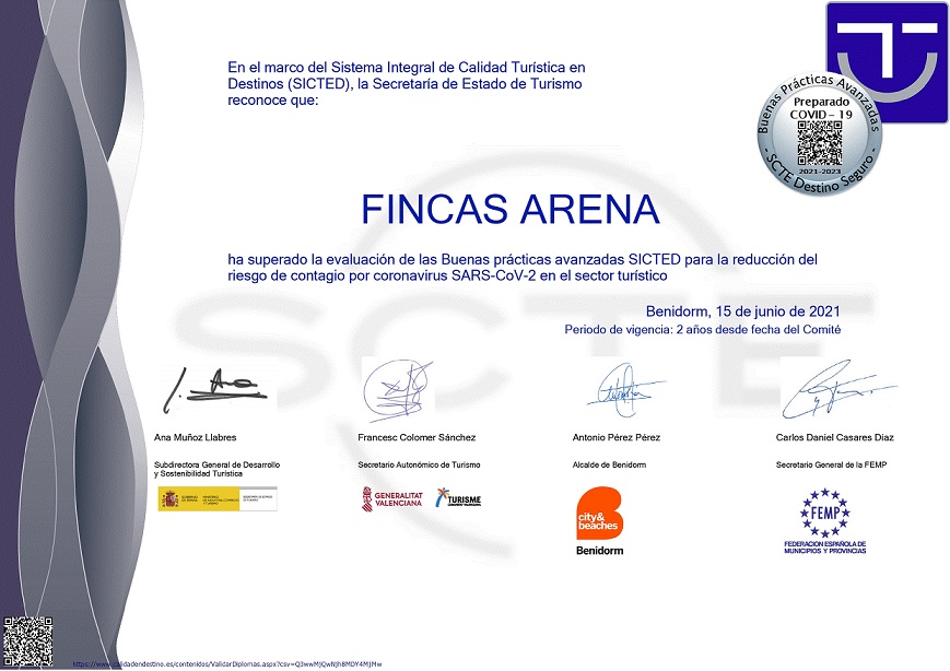 Diploma de calidad Sicted Fincas Arena Benidorm