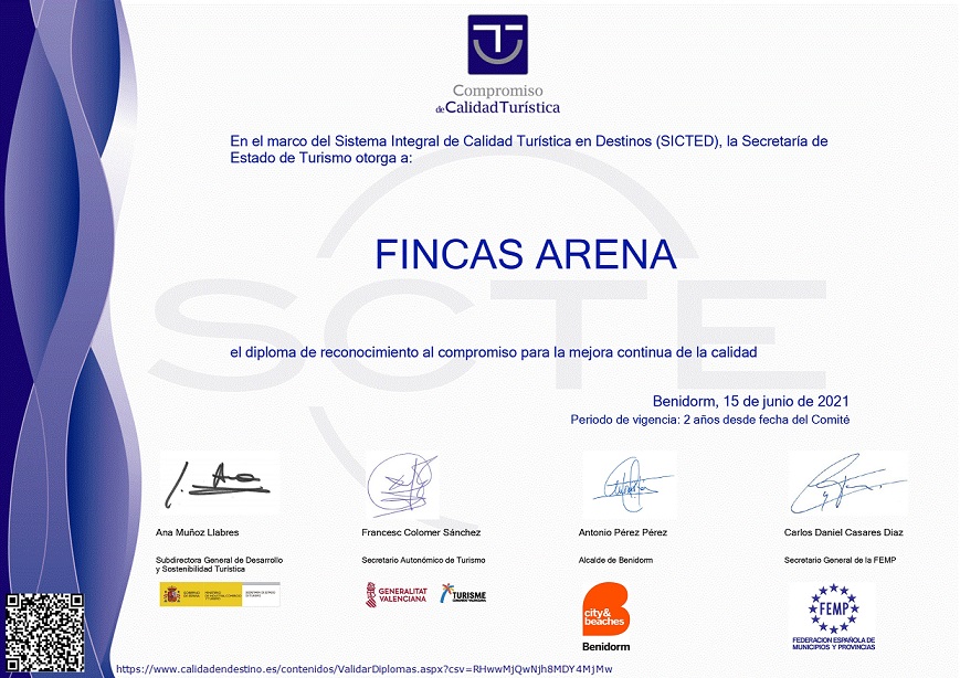 Diploma de calidad Sicted Fincas Arena Benidorm